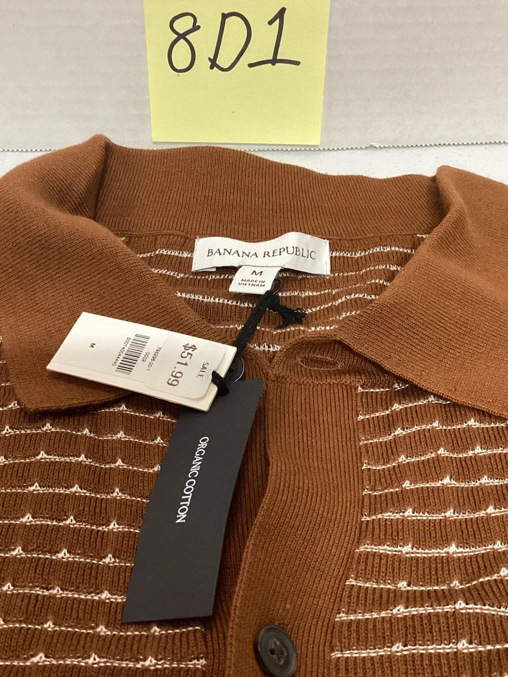 Banana Republic Men's Rust Brown Polo Cardigan with White Stripes